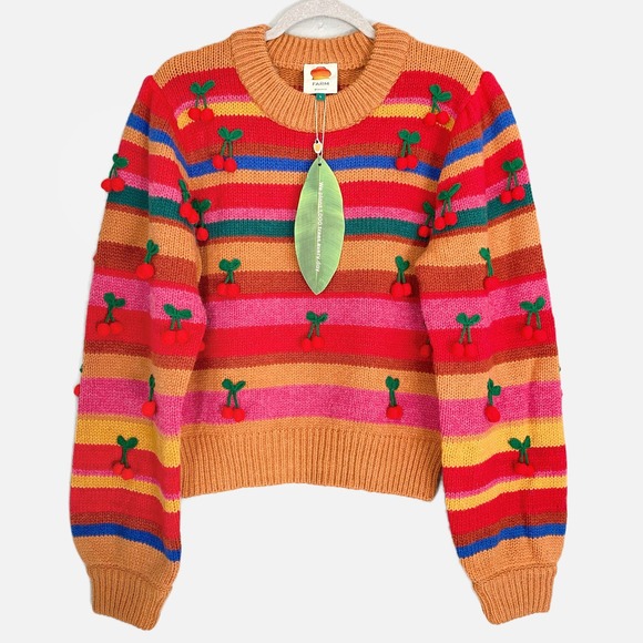 FARM Rio Sweaters - NWT Farm Rio Cherry Knit Sweater Sz XL Crewneck Bubble Sleeve, Stripe Multicolor